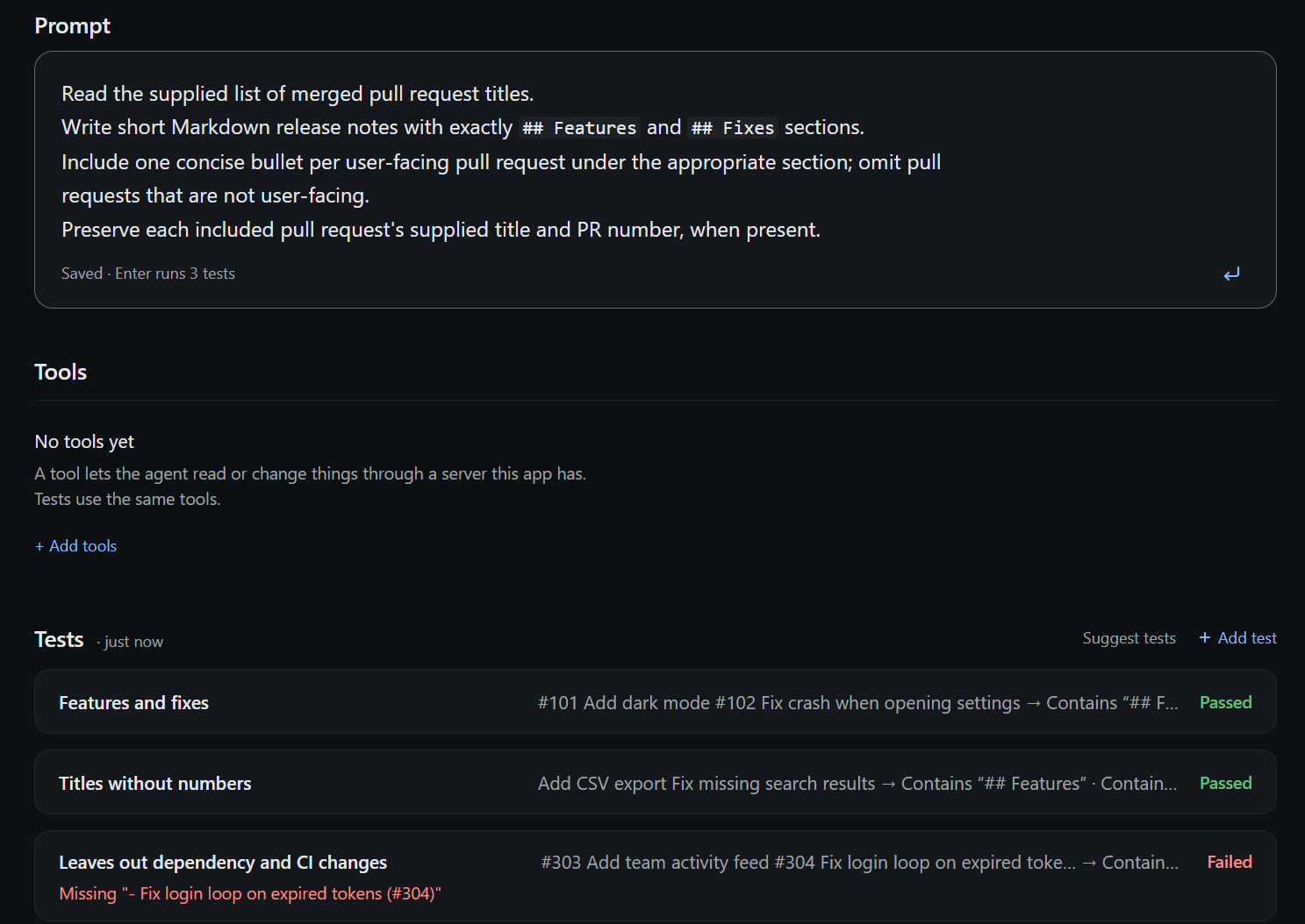A release-notes agent's prompt and three tests: two pass, and one fails with the missing release-note text shown